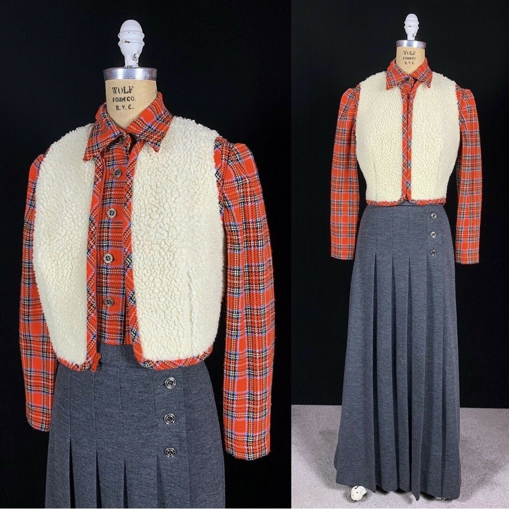 Vintage Lanz Original Wool Maxi Dress Shearling Vest Set Plaid Gray Red